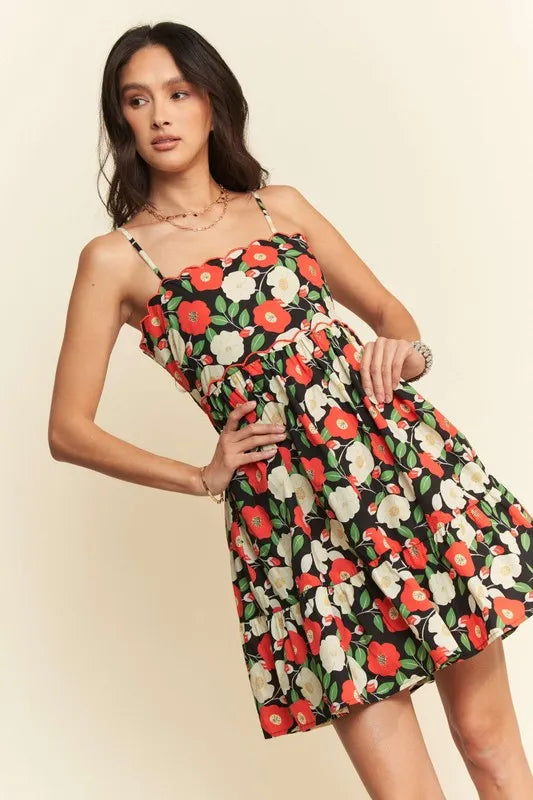 Floral Scalloped Cutout Back Mini Dress.