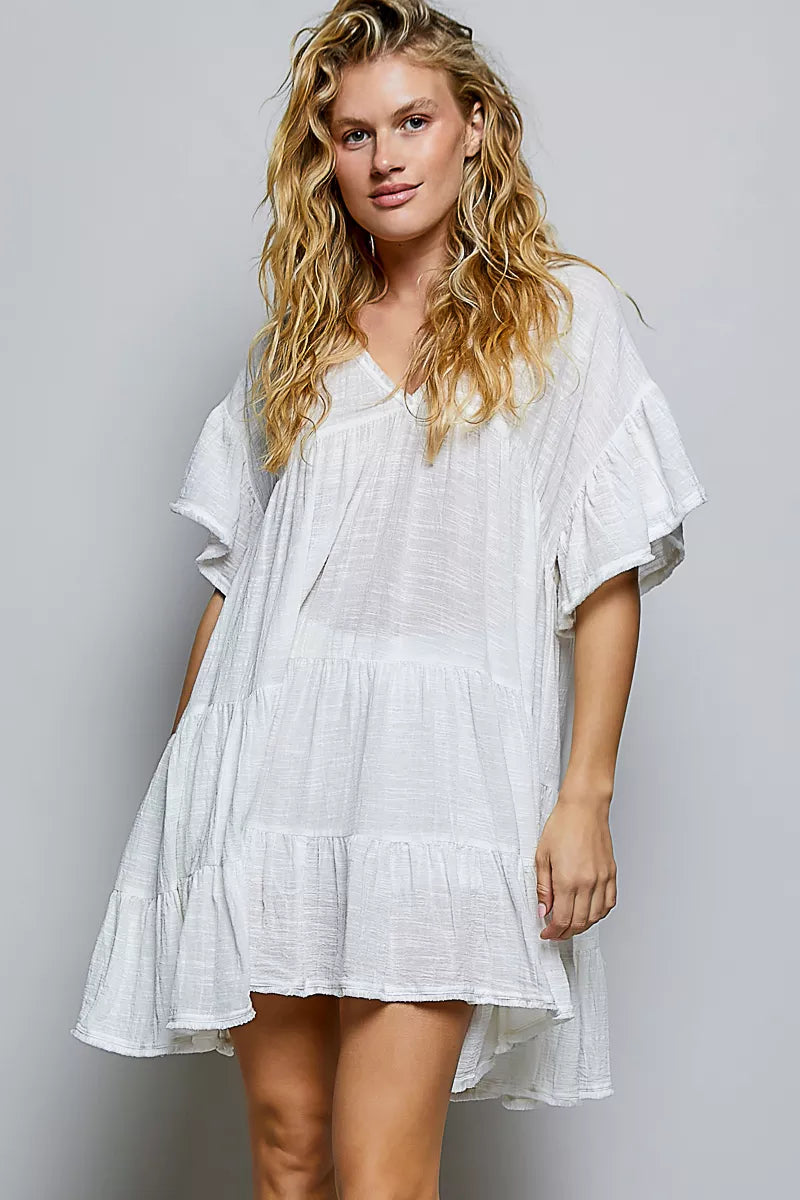 Cotton Ruffle Shirred V-Neck Short Sleeve Dress