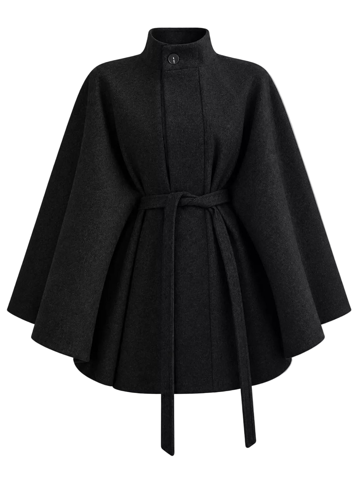 A black wool cape coat with a high stand collar, button closure, and a matching waist tie belt, displayed on a neutral light gray background.