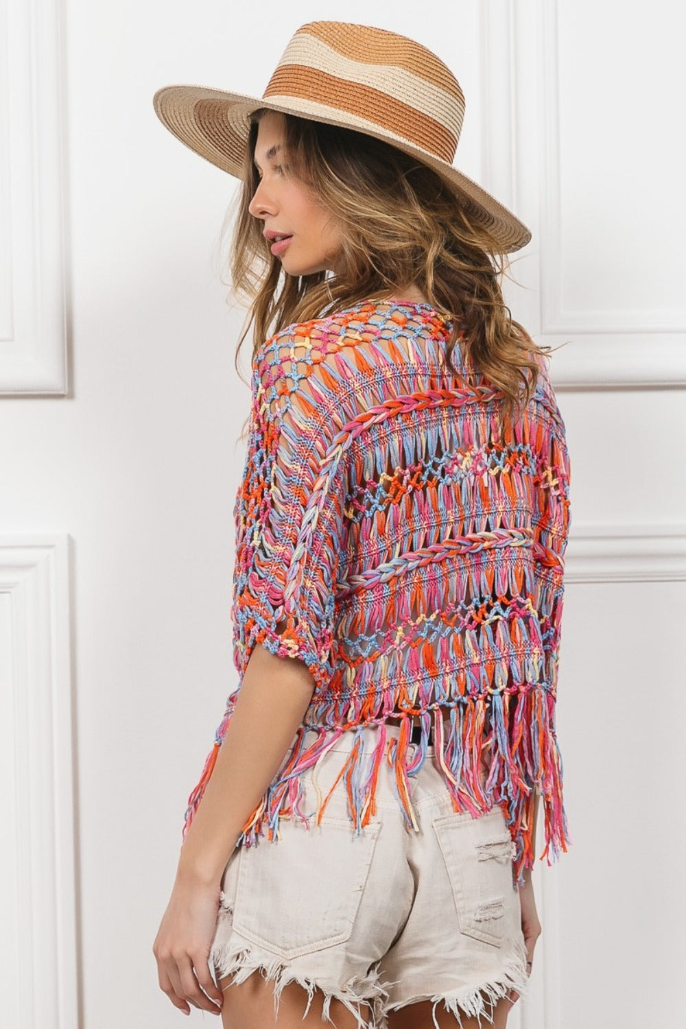 Open Front Fringed Crop Knit Cardigan