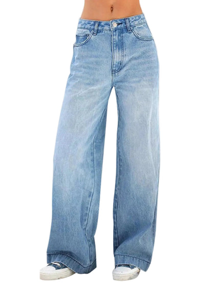 Light blue wide-leg denim jeans shown on a model from the waist down, paired with white sneakers against a plain white background.