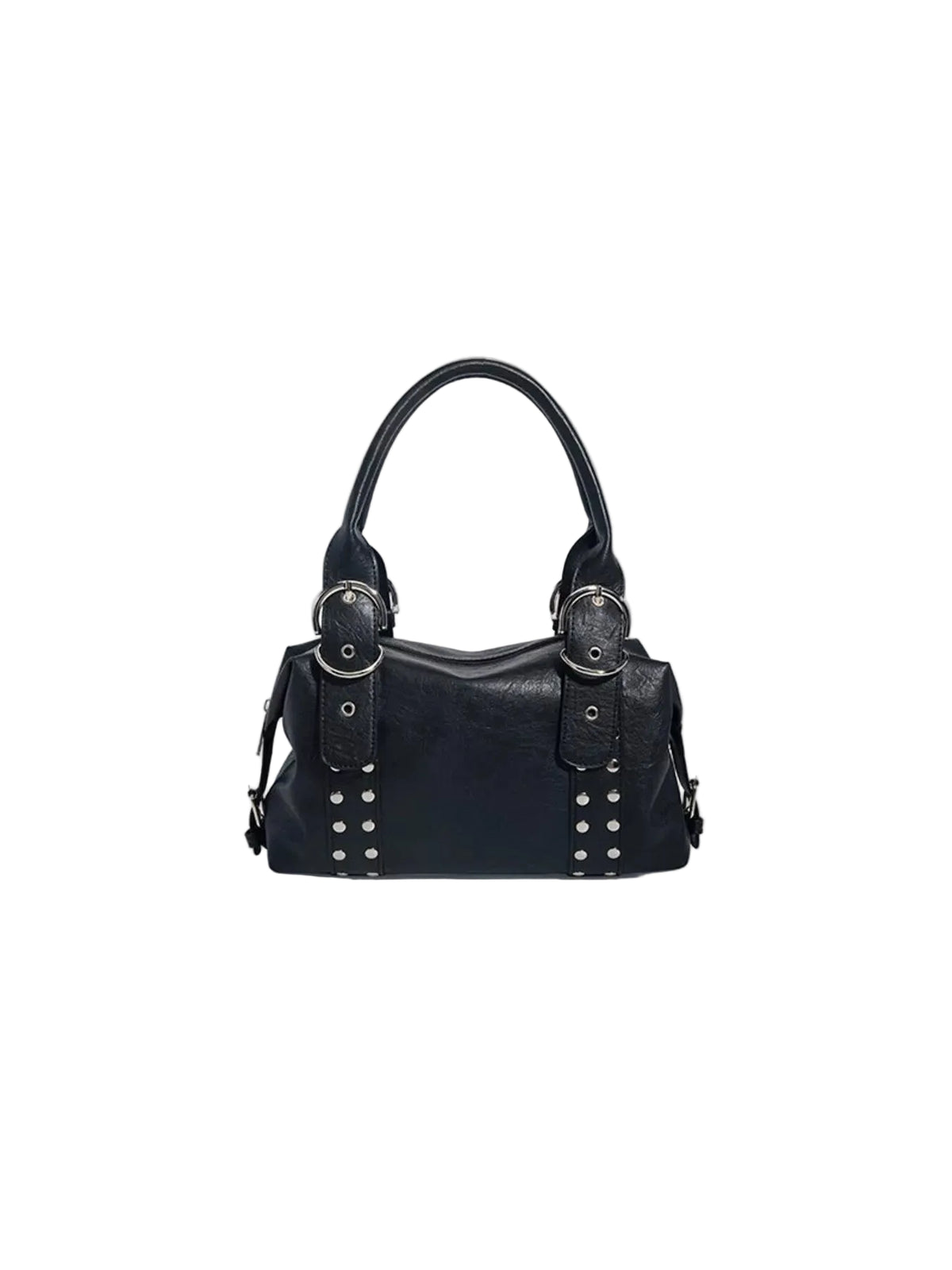 A black leather handbag with double top handles, silver-tone hardware, and decorative studs, photographed against a plain white background.