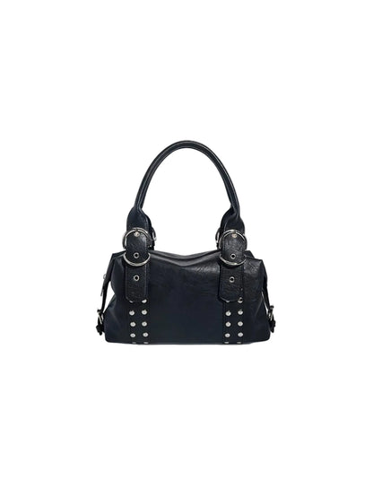 A black leather handbag with double top handles, silver-tone hardware, and decorative studs, photographed against a plain white background.