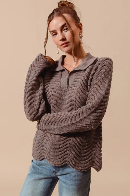 Notched Collar Wavy Texture Sweater Top.