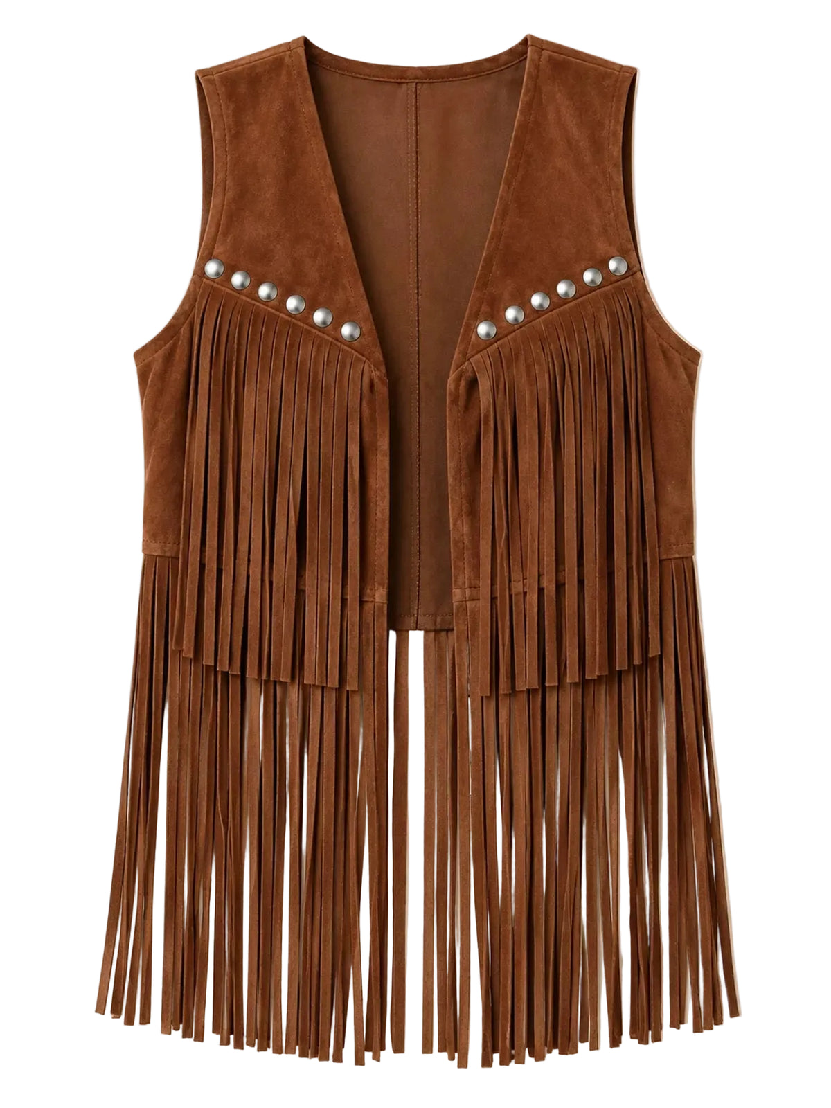A brown suede fringe vest with silver concho embellishments on the chest, displayed flat against a light beige background.