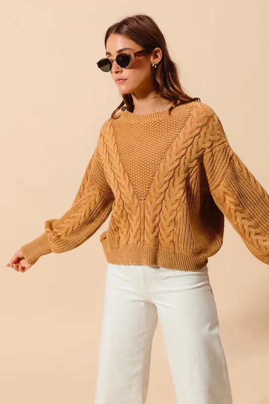 Mineral Washed Loose Fit Textured Cable Sweater.