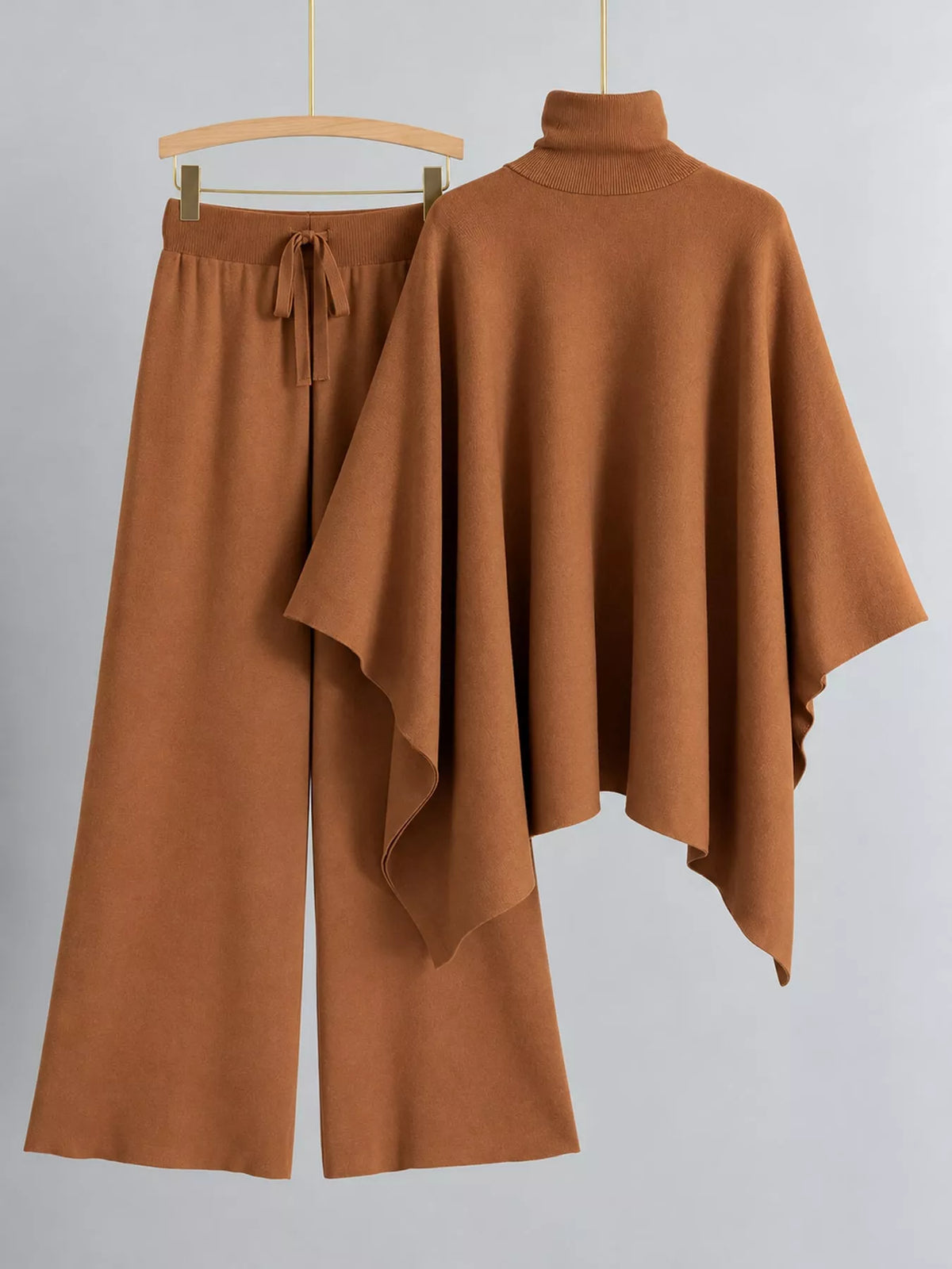 Turtleneck poncho sweater and matching wide-leg knit pants set