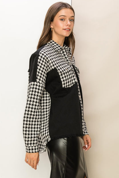 Houndstooth Contrast Raw Hem Jacket