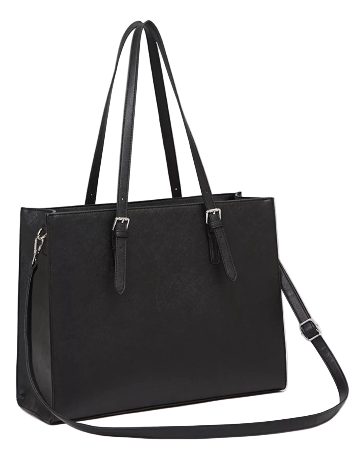 A black leather tote bag with dual shoulder straps and a detachable crossbody strap, displayed on a clean white background.