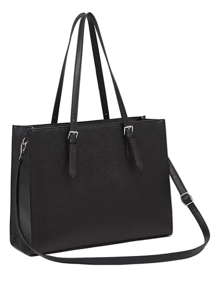 A black leather tote bag with dual shoulder straps and a detachable crossbody strap, displayed on a clean white background.