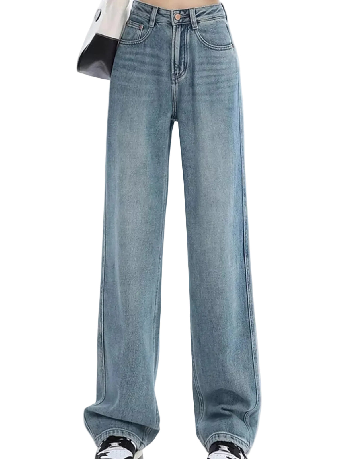 Light blue high-waisted wide-leg jeans shown on a model from the waist down, paired with black and white sneakers and a black and white shoulder bag.
