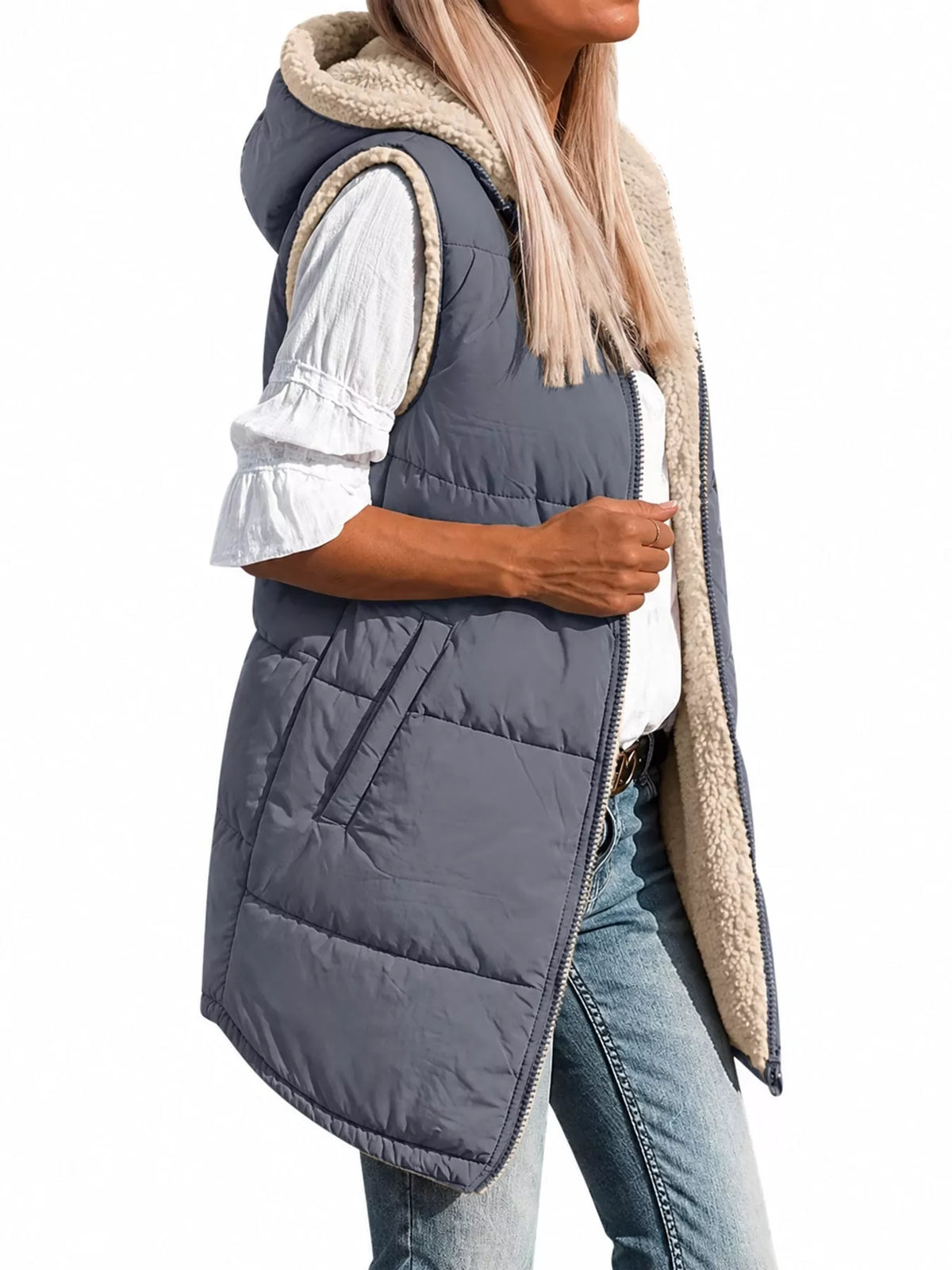 Hooded Sherpa-Lined Puffer Vest Coat