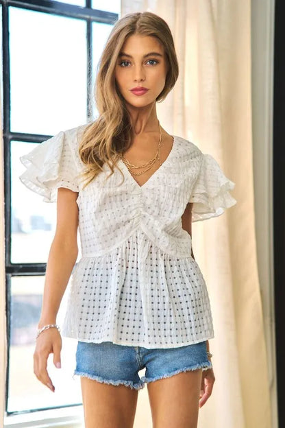 Shirring V-Neck Ruffle Gingham Plaid Printed Top.