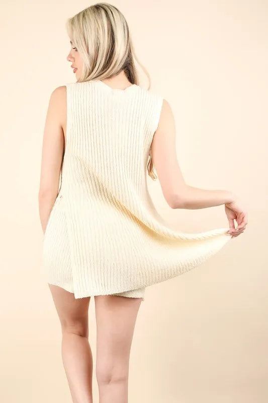 Slit Round Neck Top and Shorts Sweater Set.