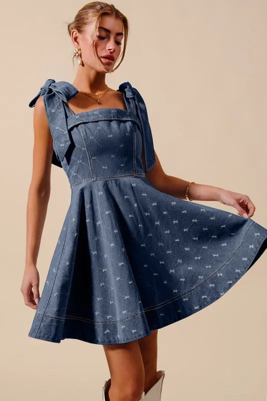 A Line Fit and Flare Diamond Bow Ribbon Denim Dres.