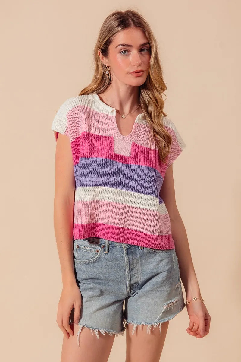 Multi Color Stripe Loose Fit Cap Sleeve Sweater Top.
