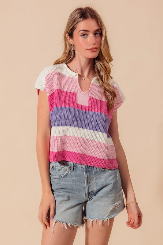 Multi Color Stripe Loose Fit Cap Sleeve Sweater Top.