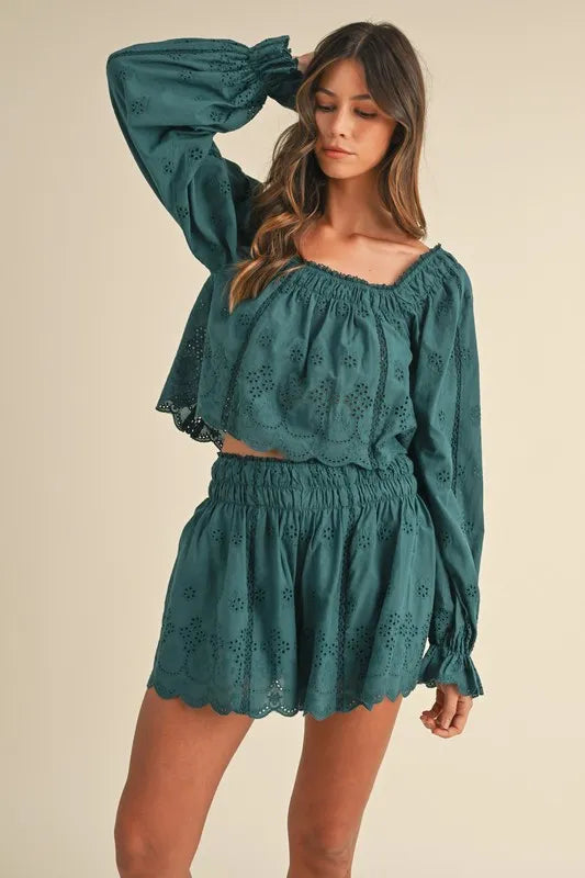 Embroidered Scalloped Lace Top and Short Set.