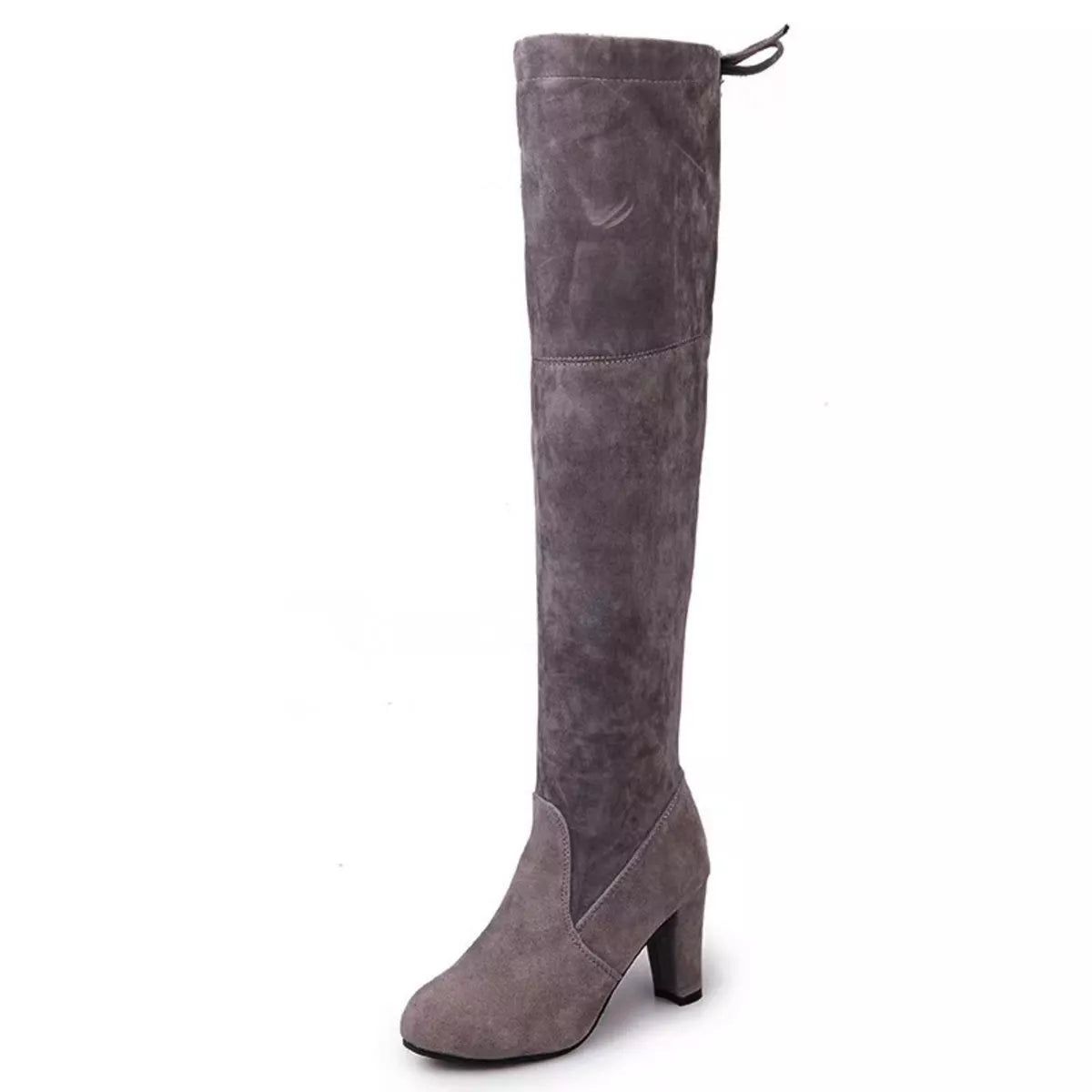 Gray suede knee-high boot on a white background