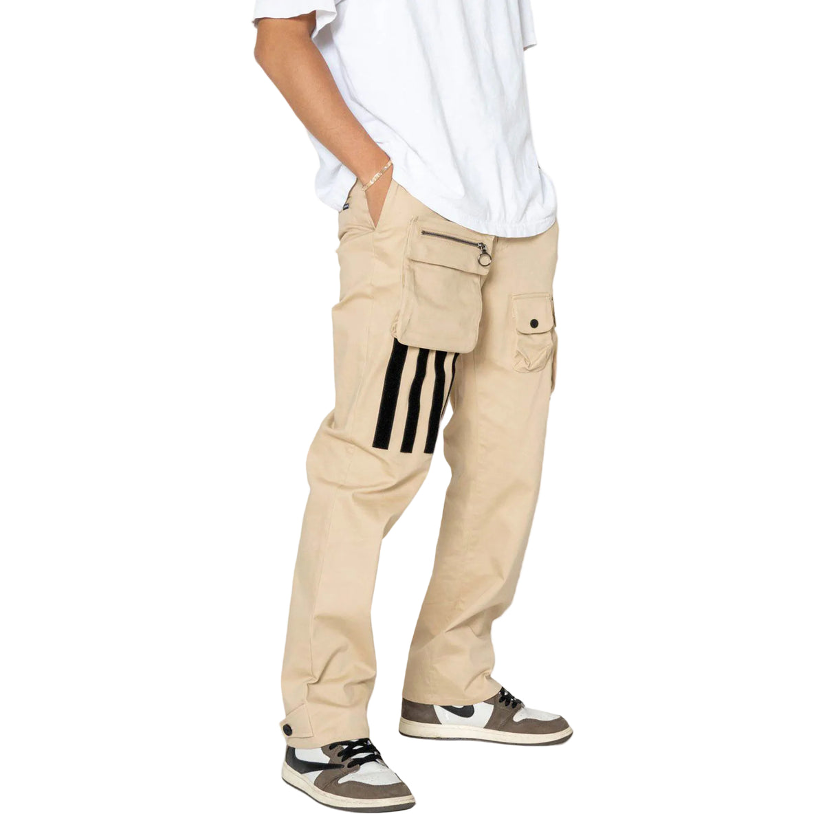 Beige cargo pants with black stripes on a white background