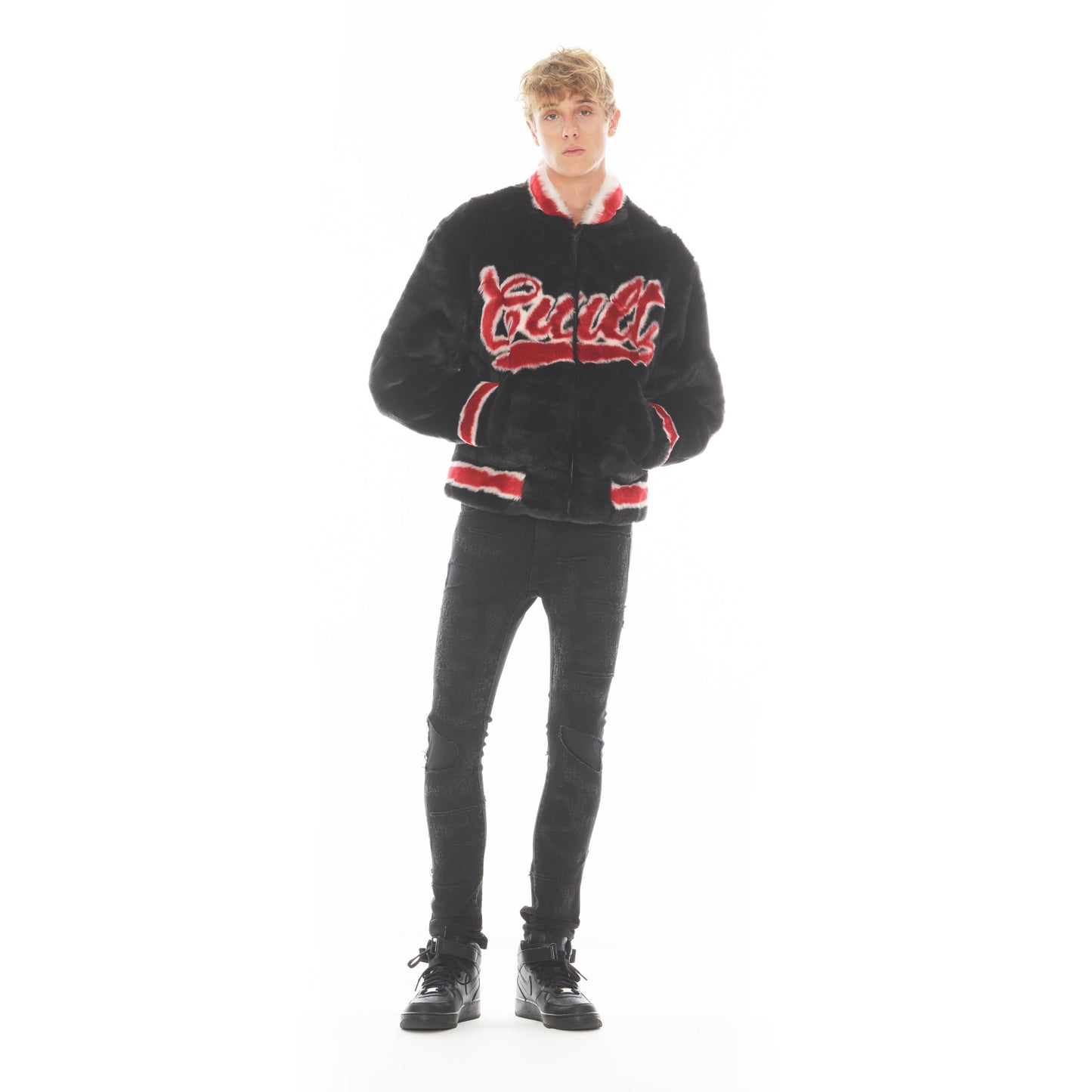Faux Fur Varsity Jacket | Black