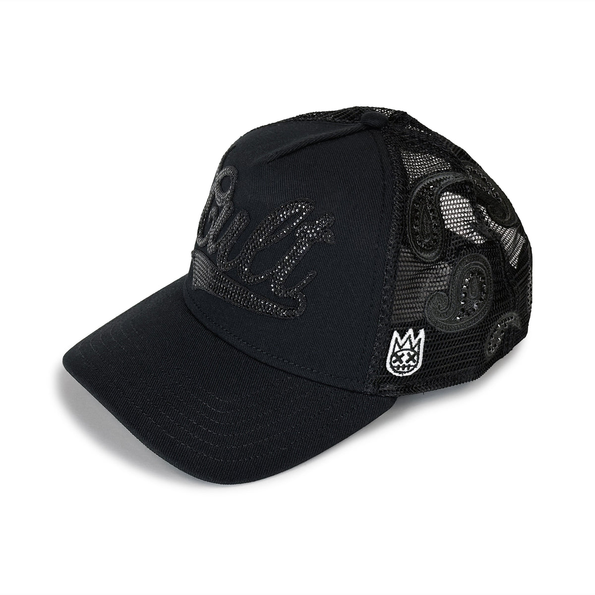 Black mesh cap with decorative elements on a white background