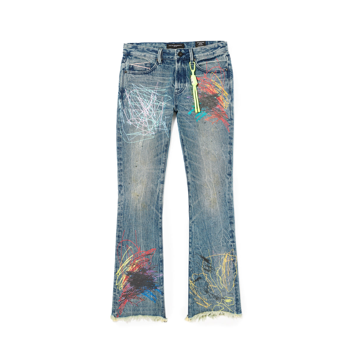 Light wash blue denim flare jeans with colorful paint splatter and scribble details on the front, featuring a raw frayed hem and a neon green drawstring.