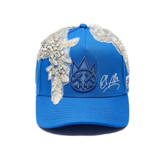 Cult X El Alfa Lurex Emb Logo 5 Panel A Frame Trucker Hat in Blue