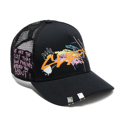 Mesh Back Trucker Hat "Cult Graffiti" | Black