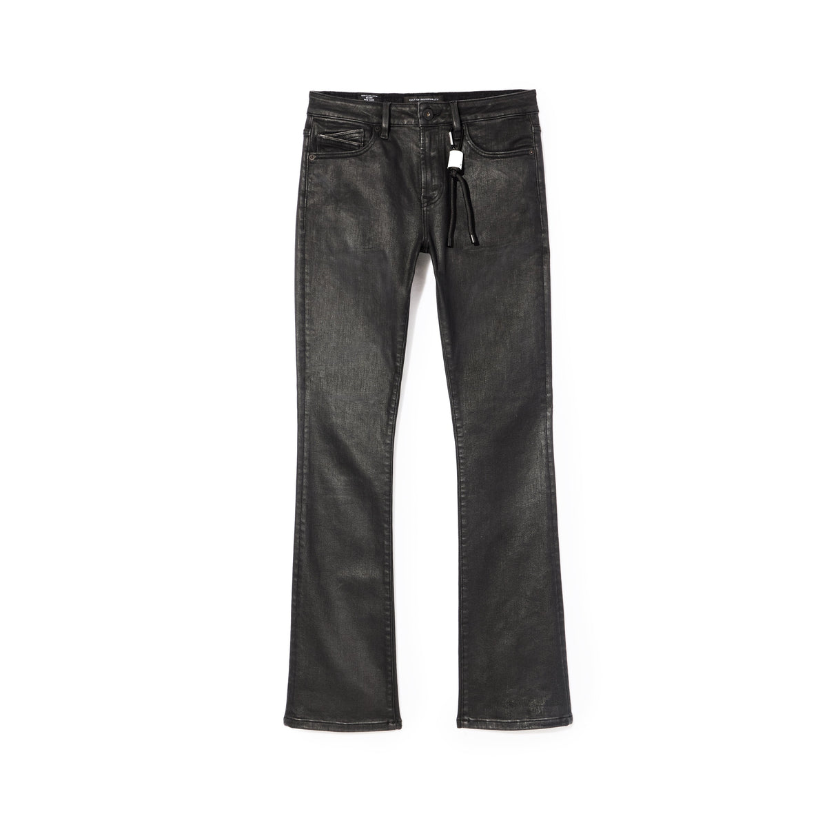 A pair of black washed denim jeans with a drawstring waist and a white hangtag, displayed flat against a solid white background.