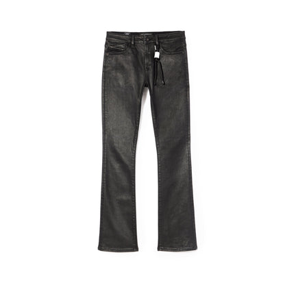 A pair of black washed denim jeans with a drawstring waist and a white hangtag, displayed flat against a solid white background.