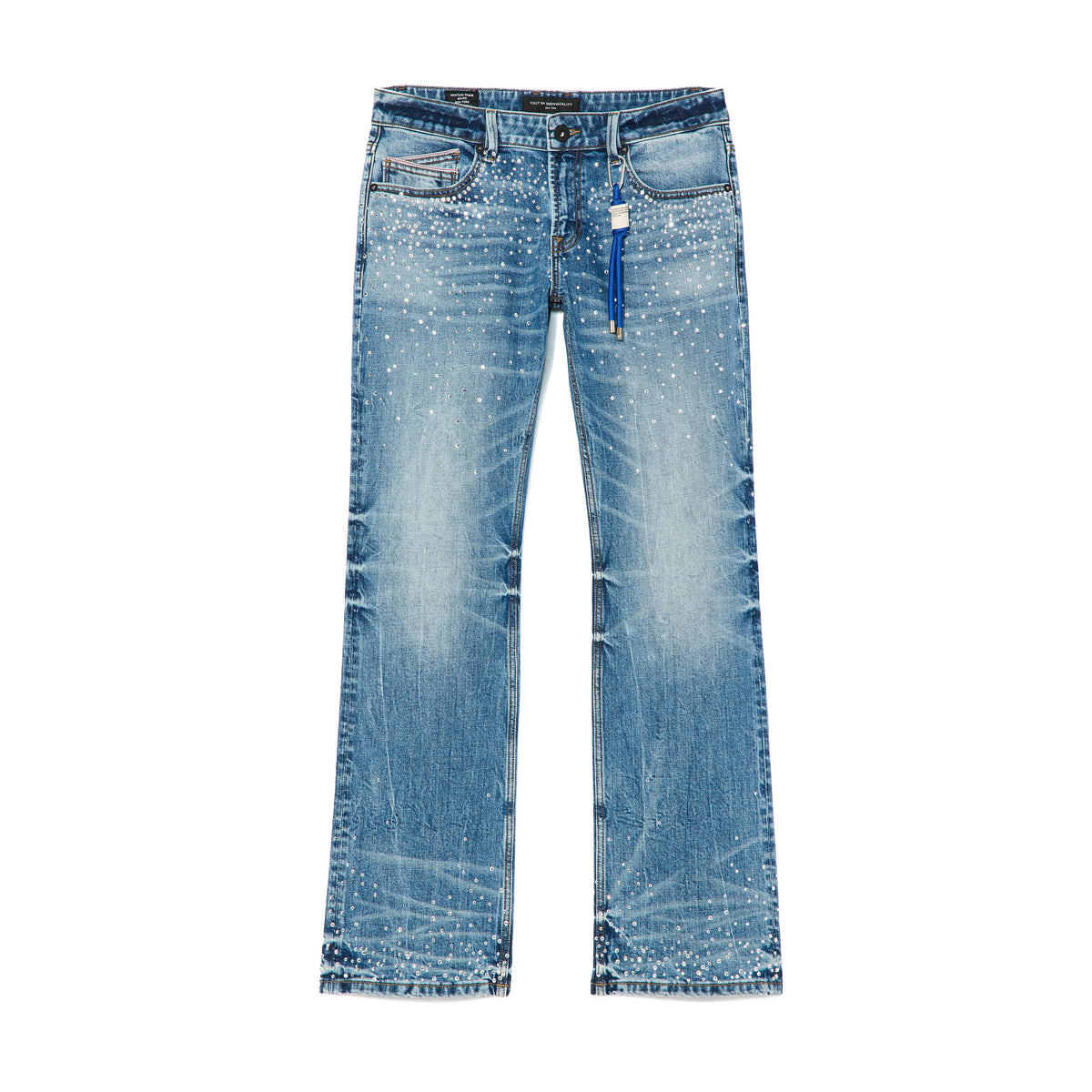 Blue jeans with a brand tag on a white background