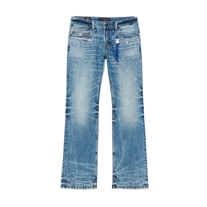 Blue jeans with a brand tag on a white background