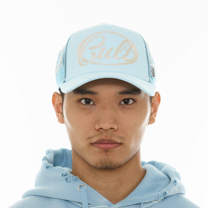 Mesh Back Trucker Hat "Community" In Blue Glow