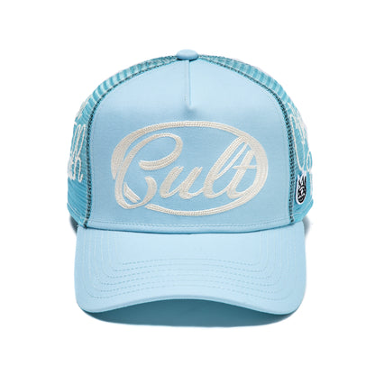 Mesh Back Trucker Hat "Community" In Blue Glow