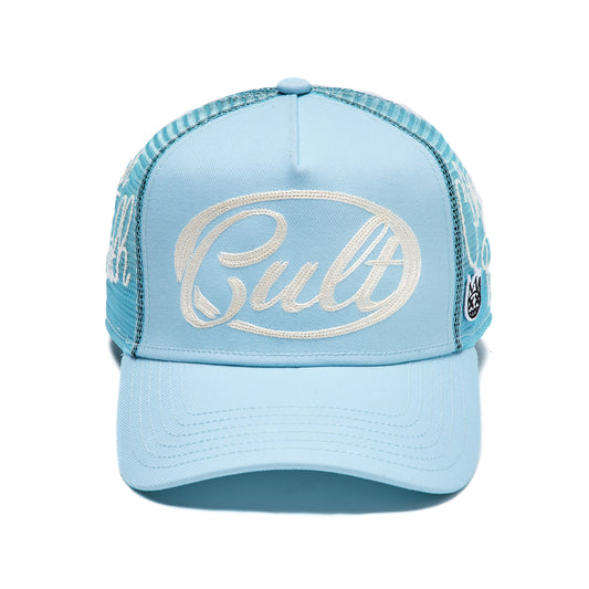 Mesh Back Trucker Hat "Community" In Blue Glow