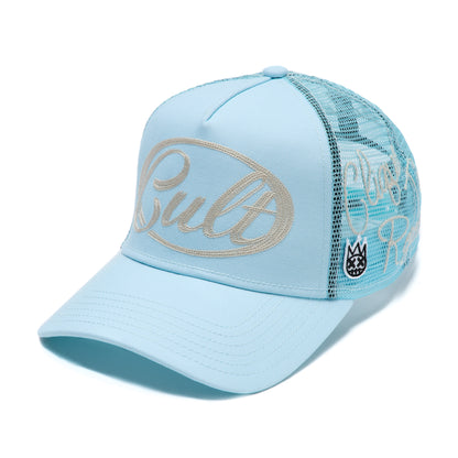 Mesh Back Trucker Hat "Community" In Blue Glow