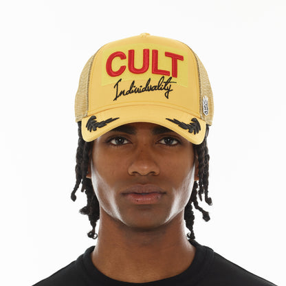 Mesh Back Trucker Hat "Racing" In Yellow Gold