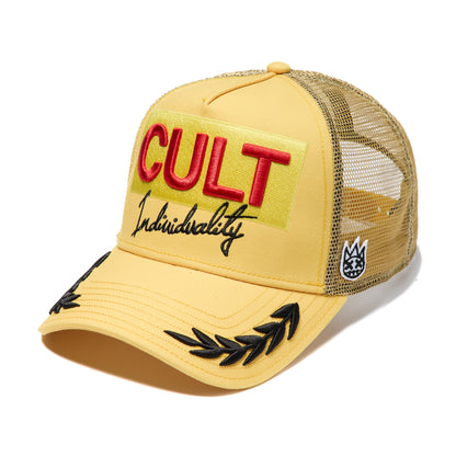 Mesh Back Trucker Hat "Racing" In Yellow Gold