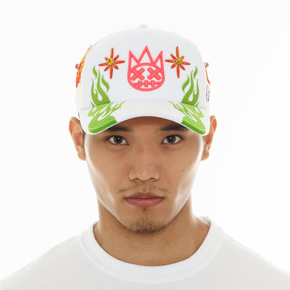 Mesh Back Trucker Hat "Sunny Daze Spider" In Winter White