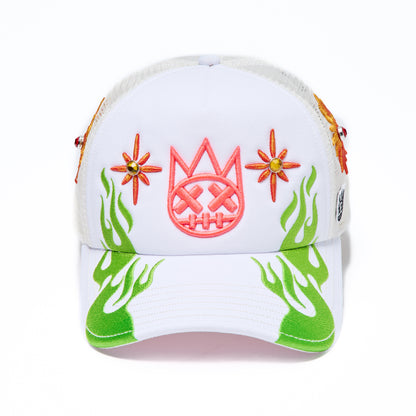 Mesh Back Trucker Hat "Sunny Daze Spider" In Winter White