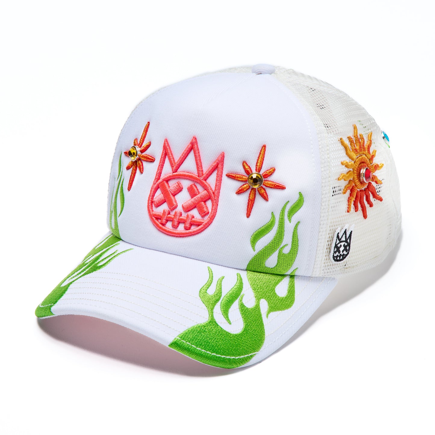 Mesh Back Trucker Hat "Sunny Daze Spider" In Winter White