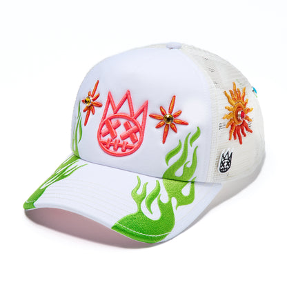Mesh Back Trucker Hat "Sunny Daze Spider" In Winter White