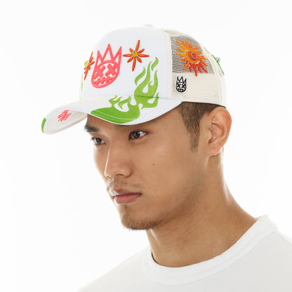Mesh Back Trucker Hat "Sunny Daze Spider" In Winter White