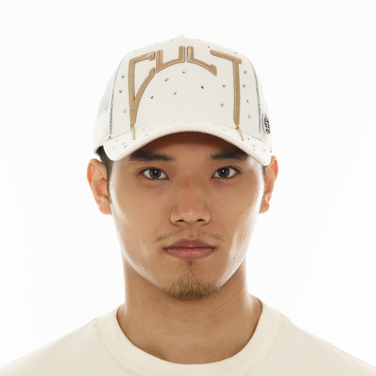 Mesh Back Trucker Hat "Cult Arch Logo" | Winter White