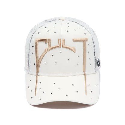 White cap with decorative elements on a white background