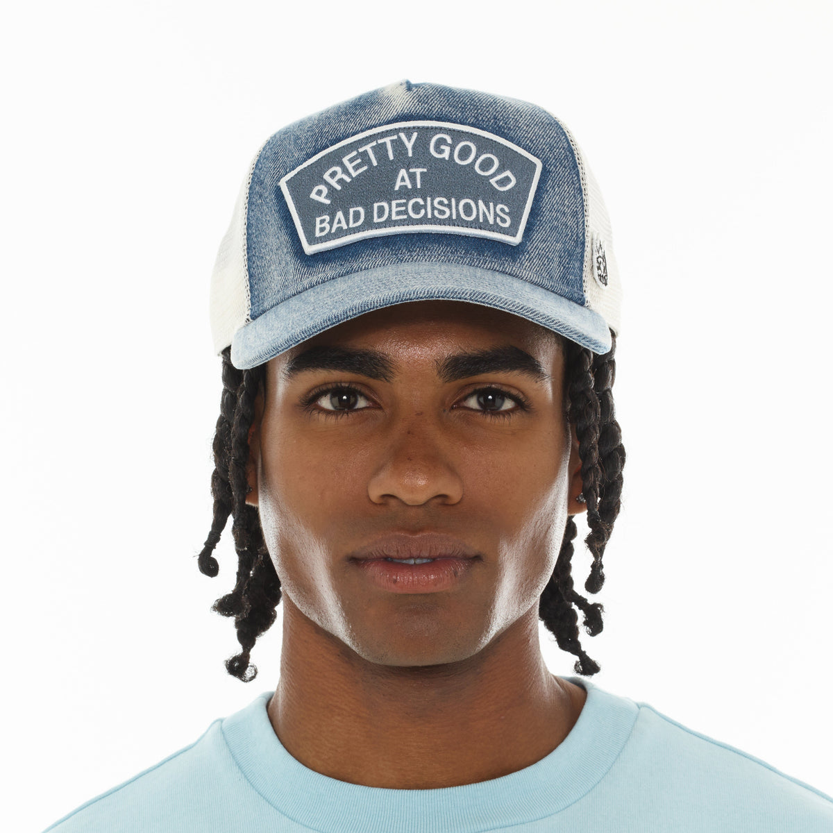Mesh Trucker Hat "Good At Bad Decisions" In Denim
