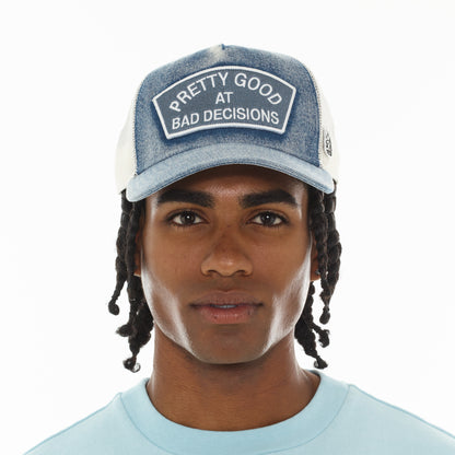 Mesh Trucker Hat "Good At Bad Decisions" In Denim