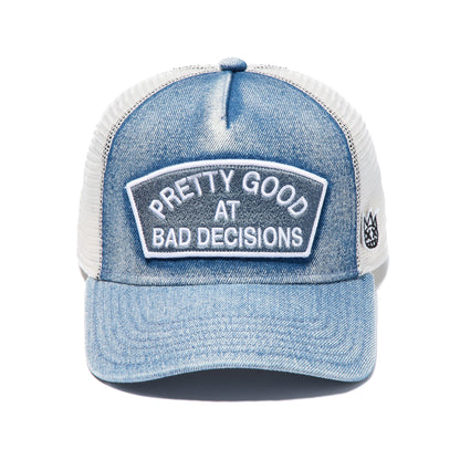 Mesh Trucker Hat "Good At Bad Decisions" In Denim