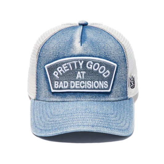 Mesh Trucker Hat "Good At Bad Decisions" In Denim